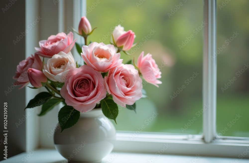 background with a bouquet of spring flowers in a vase against a window with a blooming garden visible behind it. The flowers are done in soft pastel colors, creating a feeling of coziness and warmth background with a bouquet of spring flowers in a vase against a window with a blooming garden visible behind it. The flowers are done in soft pastel colors, creating a feeling of coziness and warmth