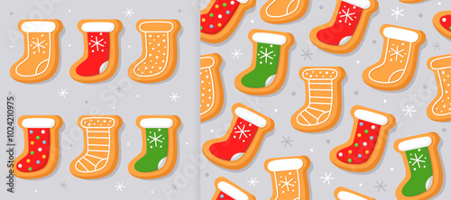 Set of New Year's gingerbread cookies in the shape of christmas stocking on gray background. And christmas seamless pattern for wrapping paper, fabric, card. Christmas cookies with sugar glazed.