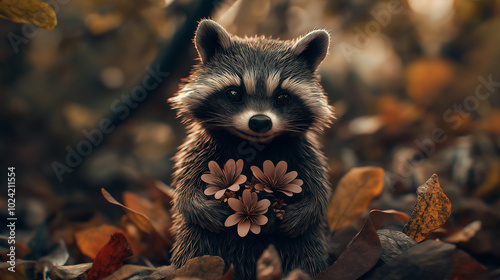 A raccoon is holding flowers in its mouth. The image has a whimsical and playful mood, as the raccoon is not a real animal but a cartoon or a drawing photo