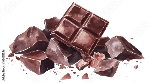 Watercolor Pieces of dark chocolate bar on color background,Broken chocolate bar pieces falling,Dark and milk chocolate,vector illustration,banner sale concept,copy space.