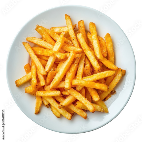 French fries on a plate, isolated on a white background, creating a classic and simple presentation. PNG