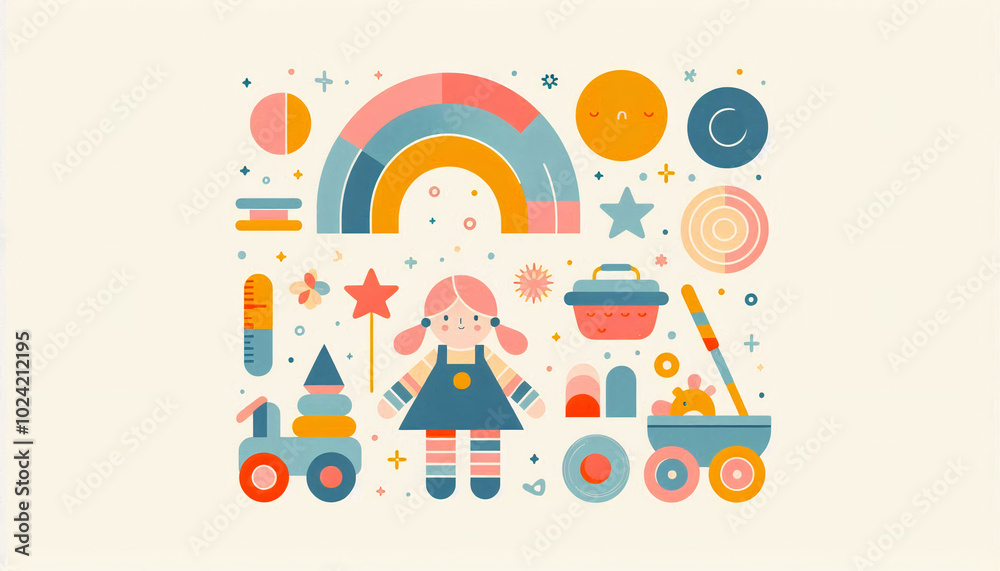 A playful illustration with a rainbow, toys, and a smiling girl, capturing the essence of childhood and imagination A playful illustration with a rainbow, toys, and a smiling girl, capturing the essence of childhood and imagination