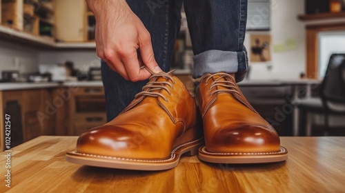 Stylish Brown Shoes Being Tied in Modern Kitchen