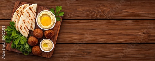 Delicious platter with bread, falafel, egg, sauce, and fresh greens on wooden table