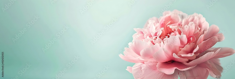 A soft pink peony flower isolated on a mint green background.