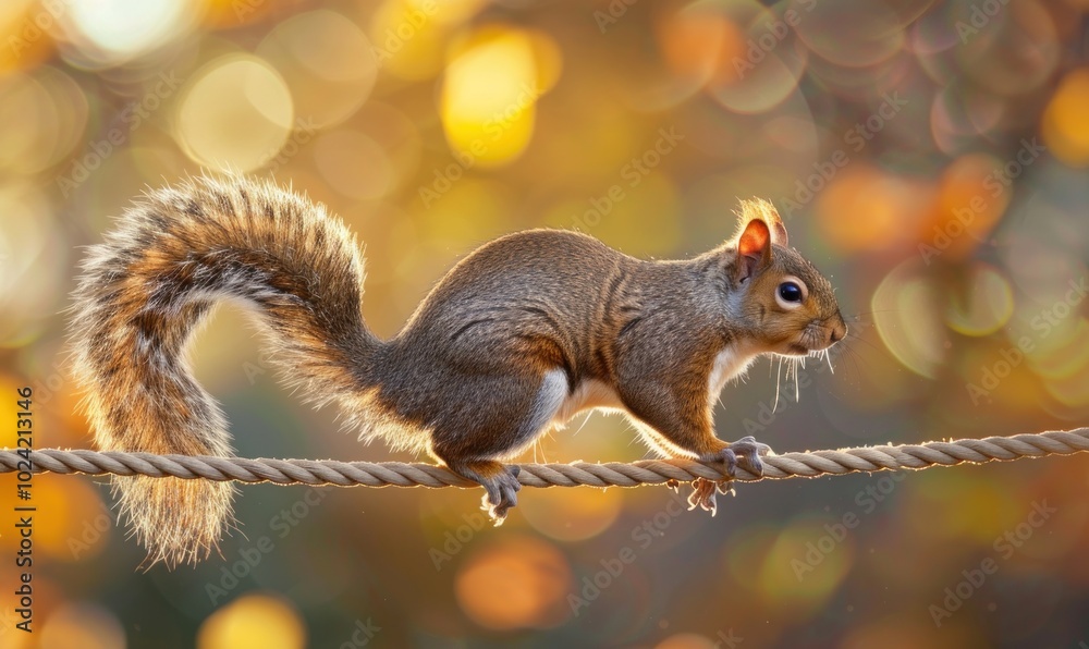 Squirrel Balancing on Rope Amidst Colorful Background Squirrel Balancing on Rope Amidst Colorful Background