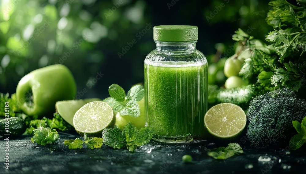 Fresh green juice with ingredients like cucumber, lime, and herbs on a dark background. Fresh green juice with ingredients like cucumber, lime, and herbs on a dark background.
