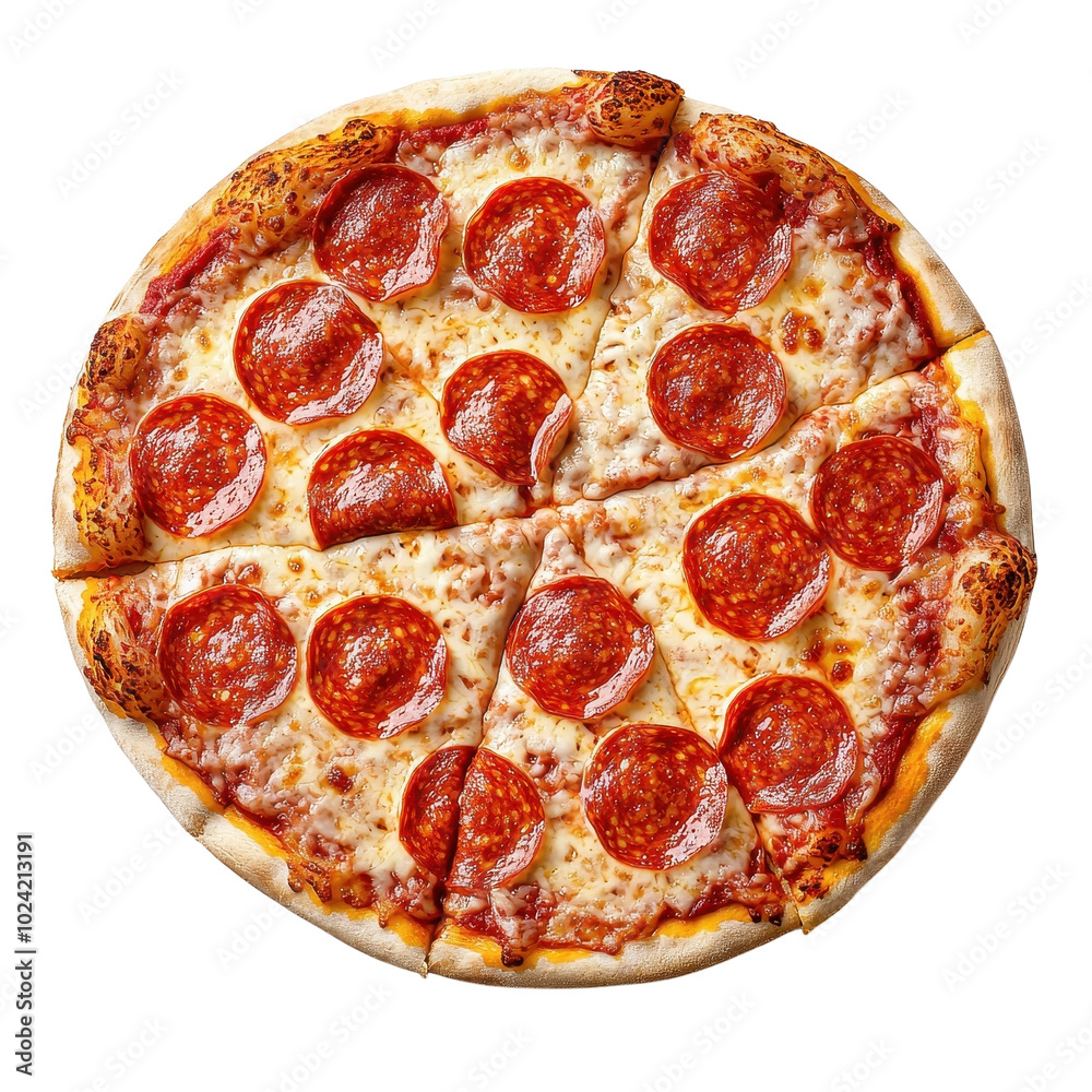 Pizza Pepperoni isolated on a white background, with melted cheese and crispy pepperoni slices. PNG Pizza Pepperoni isolated on a white background, with melted cheese and crispy pepperoni slices. PNG