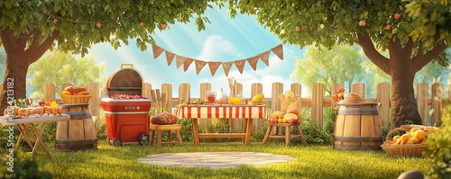 Sunny backyard picnic scene with BBQ grill, food spread, and trees. Ideal for summer gatherings and outdoor dining themes.
