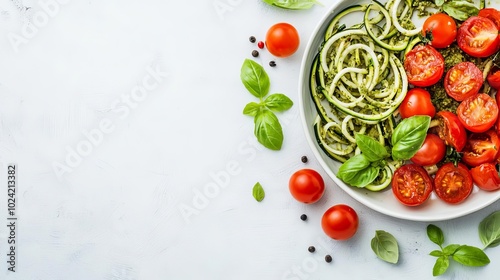 Fresh pasta salad with tomatoes and basil on a light background.