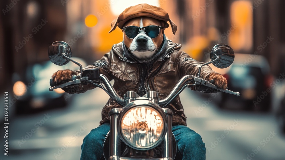 Fototapeta premium Dog Dressed as Hipster Riding Motorcycle