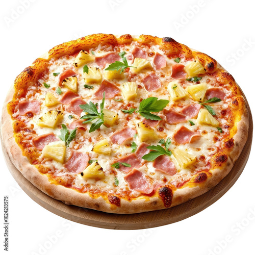 Pizza Hawaiian isolated on a white background, featuring ham and pineapple, vibrant and appealing. PNG