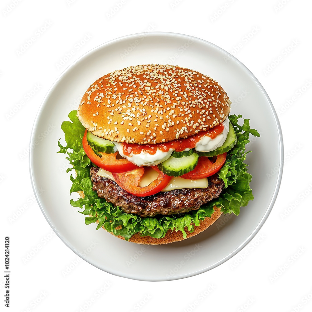 Beef burger on a plate, isolated on a white background, showcasing its delicious toppings and presentation. PNG Beef burger on a plate, isolated on a white background, showcasing its delicious toppings and presentation. PNG
