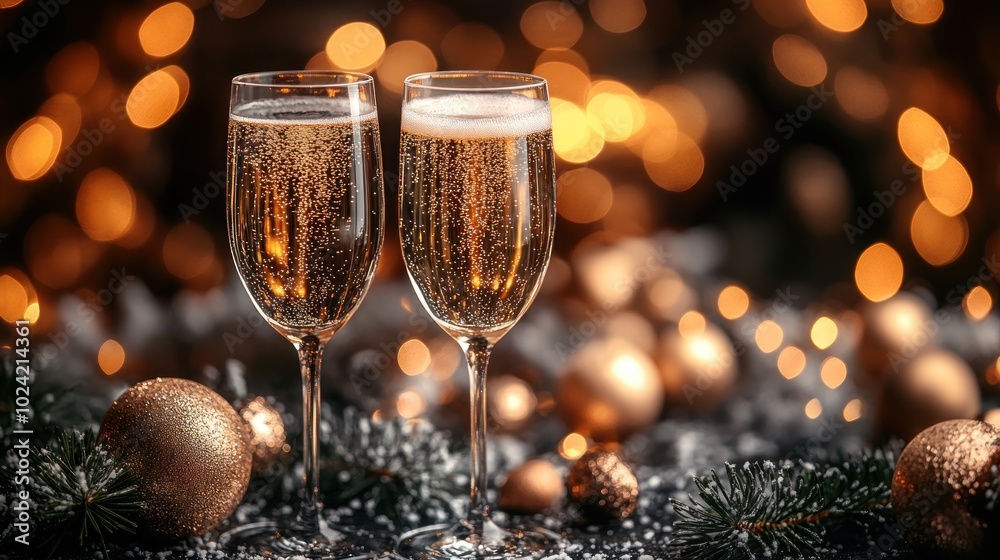 Celebration with Glasses of Champagne and Sparkling Lights Celebration with Glasses of Champagne and Sparkling Lights