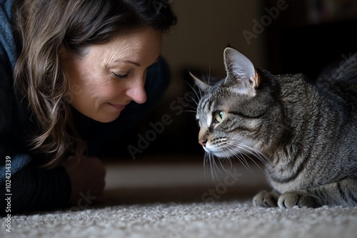 A woman gently gazes at her tabby cat on the carpet, highlighting the bond between humans and pets in a warm, cozy setting. photo