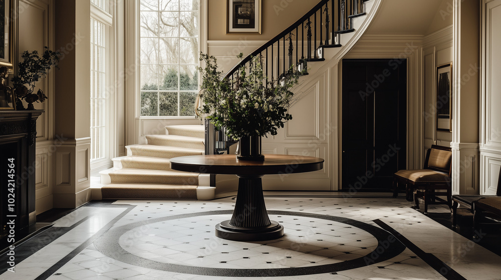 Fototapeta premium Classic Interior Design with a Round Entry Table, A Stylish Round Entryway Table.