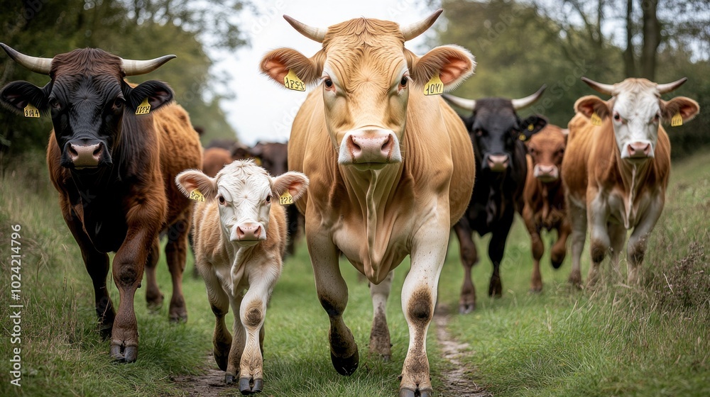 Herd of Cows Approaching the Camera on a Path Herd of Cows Approaching the Camera on a Path