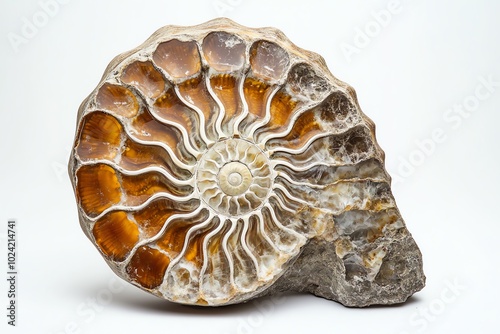 Elegant fossilized ammonite shell with intricate spiral pattern, showcasing natural beauty and geological history.