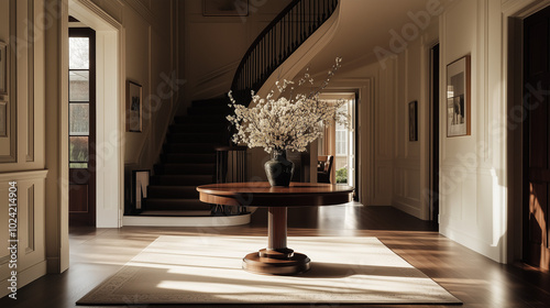 Classic Interior Design with a Round Entry Table, A Stylish Round Entryway Table.