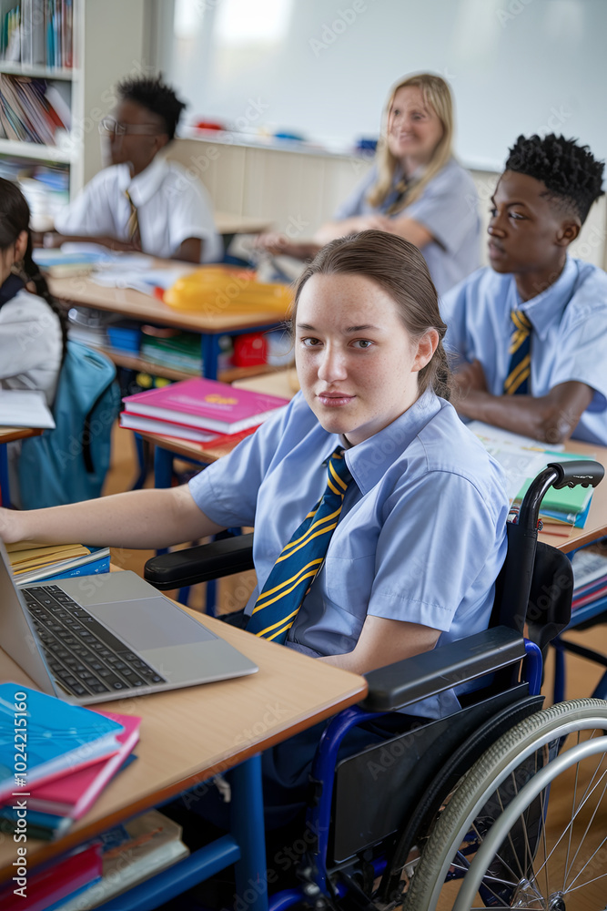 Caucasian schoolgirl in a wheelchair with diverse classmates in a school classroom, highlighting education and inclusivity Caucasian schoolgirl in a wheelchair with diverse classmates in a school classroom, highlighting education and inclusivity