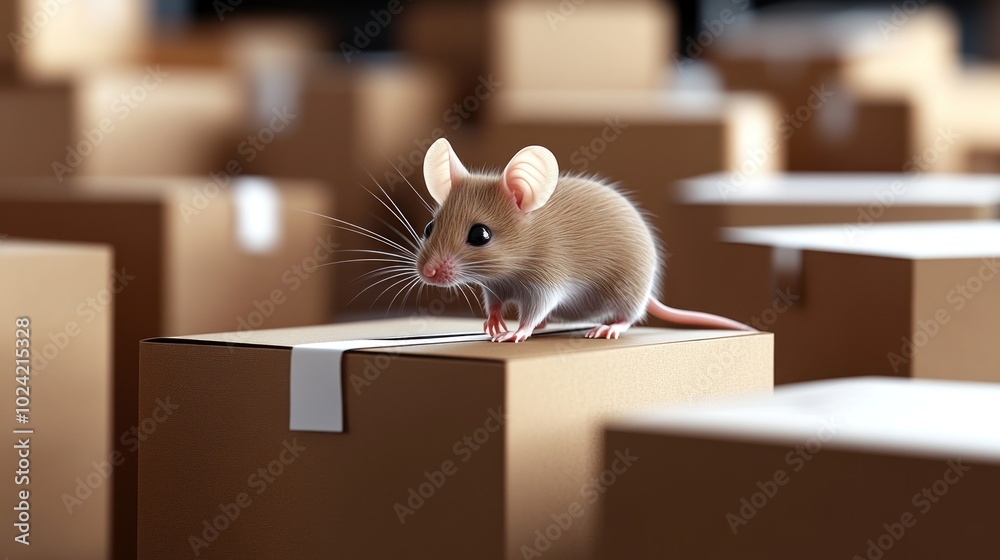 Fototapeta premium Cute Mouse on Cardboard Box in Warehouse Setting