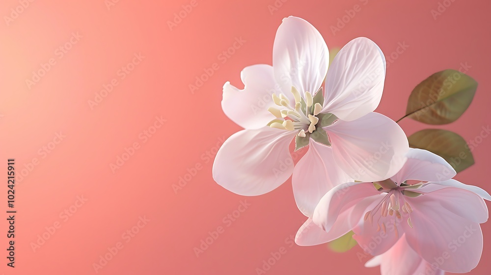 A soft pink apple blossom flower isolated on a coral background. A soft pink apple blossom flower isolated on a coral background.