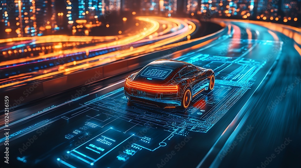 Futuristic autonomous car on a sleek highway, glowing holographic data displays floating above showing vehicle status, navigation, and speed, neon-lit futuristic cityscape in the background, Futuristic autonomous car on a sleek highway, glowing holographic data displays floating above showing vehicle status, navigation, and speed, neon-lit futuristic cityscape in the background,