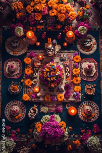 Colorful Day of the Dead altar adorned with marigolds, candles, and traditional offerings, celebrating Mexican culture and honoring ancestors.