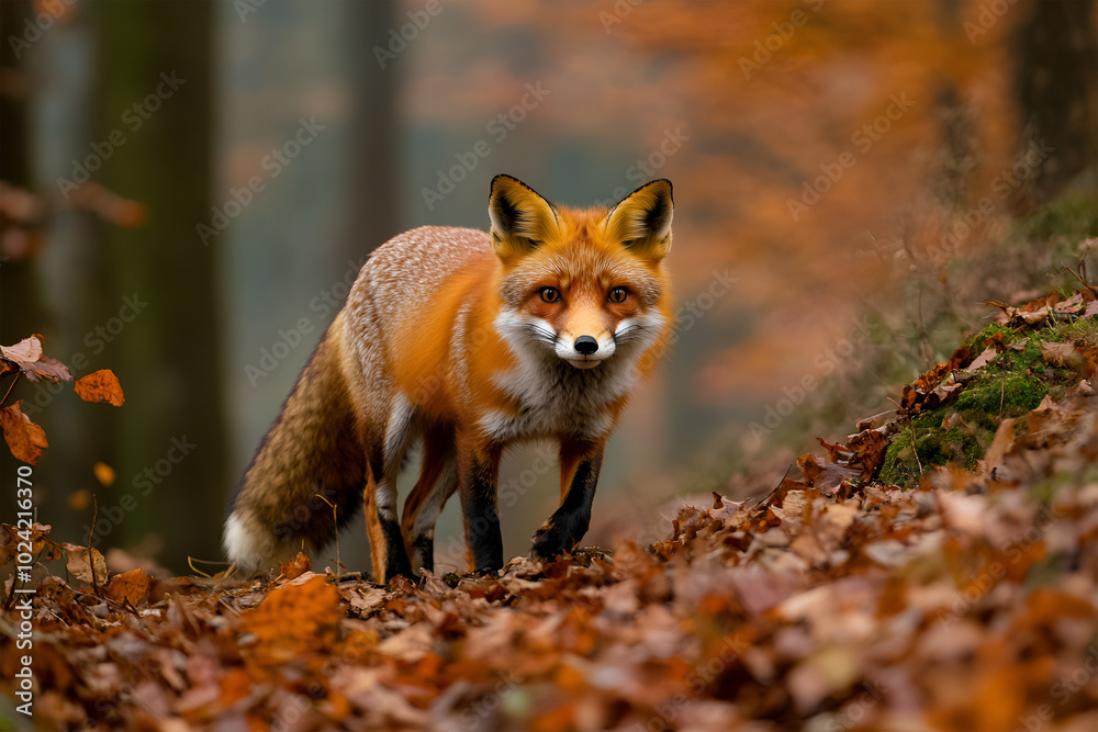Fototapeta premium A pretty red fox, in the autumn forest. A beautiful animal in its natural habitat. Wildlife scenes