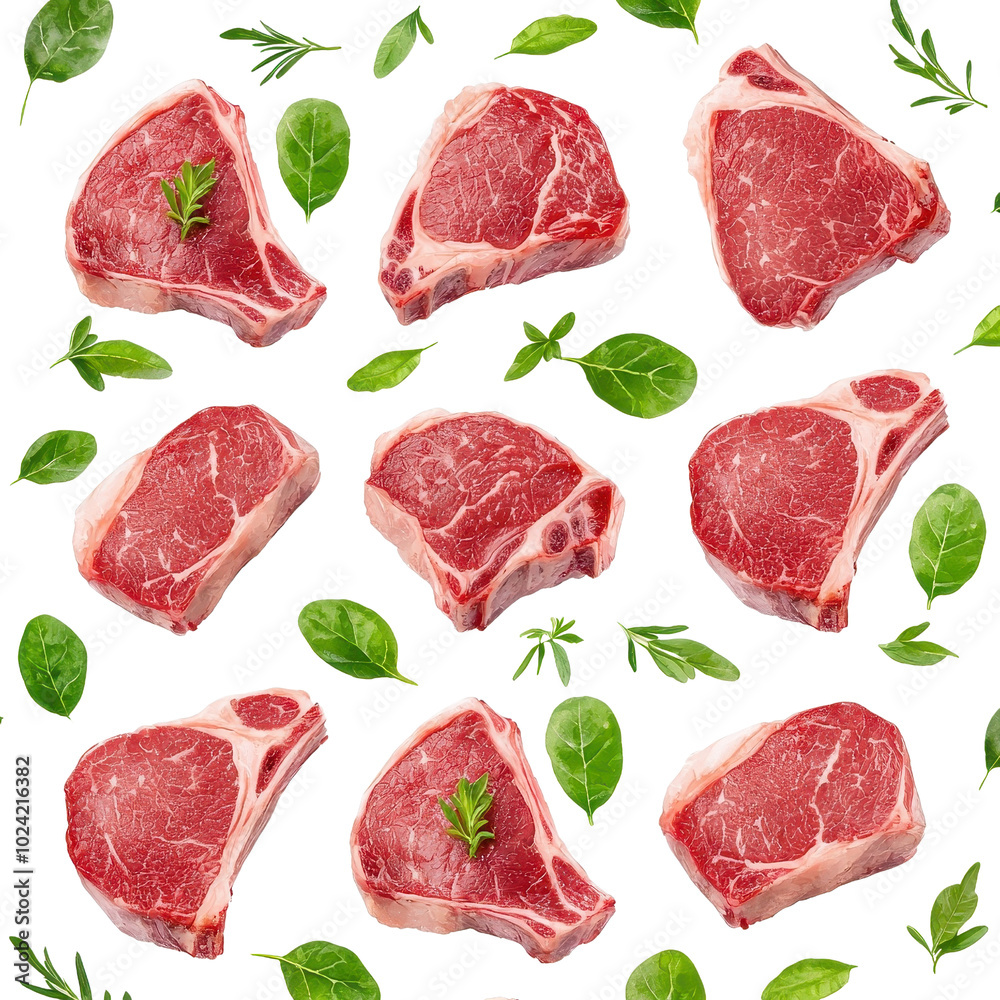 Watercolor seamless pattern of T-bone steaks, isolated on a white background, artistic and delightful. PNG Watercolor seamless pattern of T-bone steaks, isolated on a white background, artistic and delightful. PNG