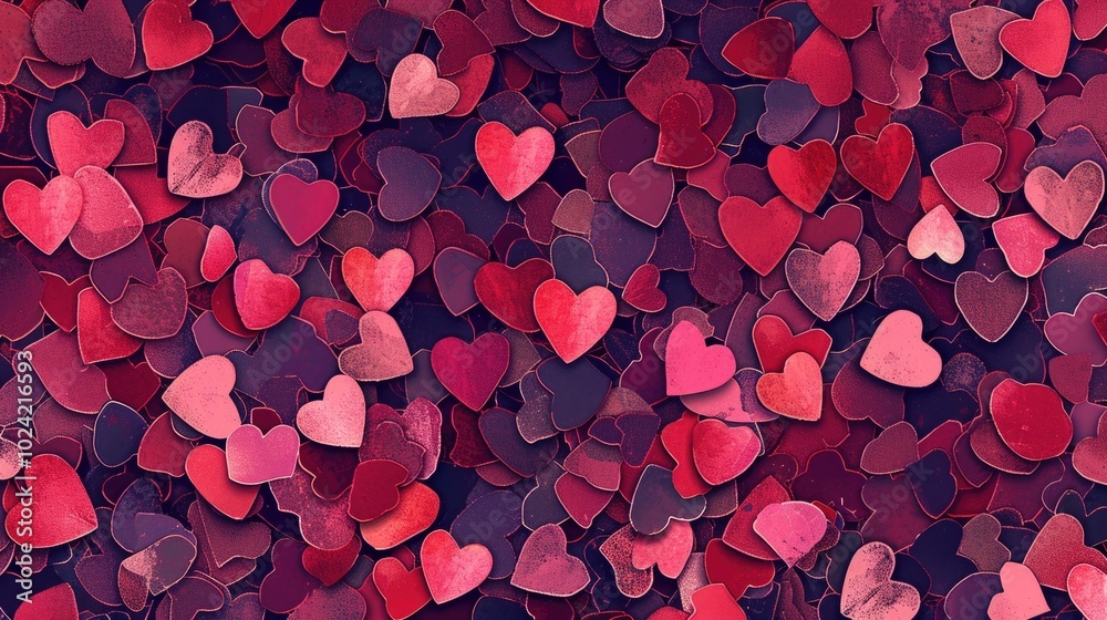 A seamless pattern of red and pink hearts, scattered across the canvas in various sizes and shapes, creating an intricate mosaic-like effect on a dark background. A seamless pattern of red and pink hearts, scattered across the canvas in various sizes and shapes, creating an intricate mosaic-like effect on a dark background.