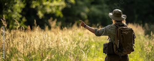 Explorer with backpack observes nature in lush green forest, pointing towards distant area. Adventure in the great outdoors and wilderness.