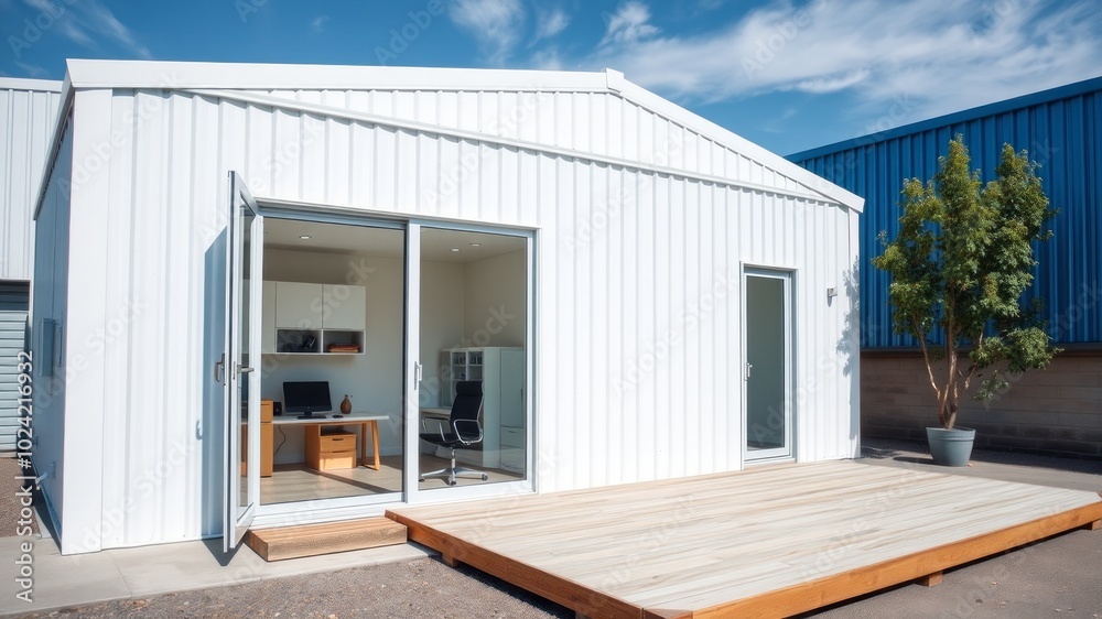Modern Warehouse Exterior with Office Unit - Minimalist Architecture Photography Modern Warehouse Exterior with Office Unit - Minimalist Architecture Photography