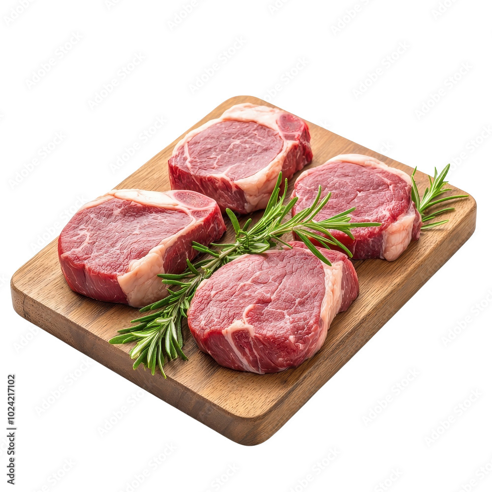 Lamb steak on a wooden tray, isolated on a white background, providing a rustic and inviting aesthetic. PNG Lamb steak on a wooden tray, isolated on a white background, providing a rustic and inviting aesthetic. PNG