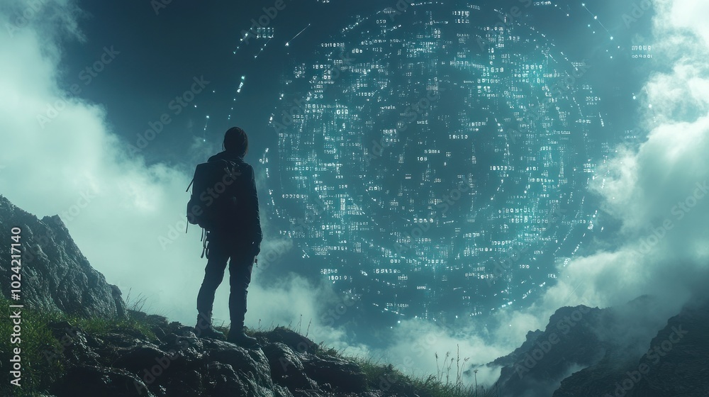 A figure stands on a mountain, gazing at a holographic display of data in the sky. A figure stands on a mountain, gazing at a holographic display of data in the sky.