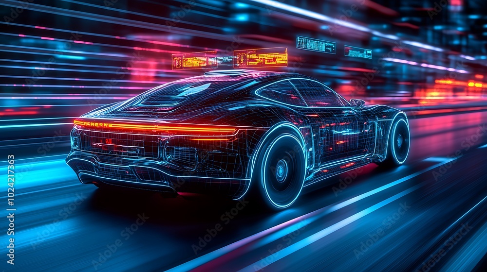 Futuristic electric car on a high-tech highway, interactive data overlays above showing real-time speed, navigation, and AI-guided systems, advanced city glowing in neon, cinematic atmosphere, Futuristic electric car on a high-tech highway, interactive data overlays above showing real-time speed, navigation, and AI-guided systems, advanced city glowing in neon, cinematic atmosphere,