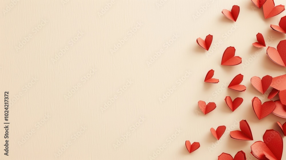 A Special Day background with red paper hearts on the right side, leaving space for text or graphics in white color on a solid cream beige backdrop. A Special Day background with red paper hearts on the right side, leaving space for text or graphics in white color on a solid cream beige backdrop.