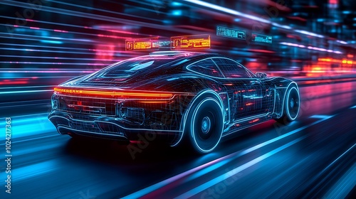 Futuristic electric car on a high-tech highway, interactive data overlays above showing real-time speed, navigation, and AI-guided systems, advanced city glowing in neon, cinematic atmosphere,