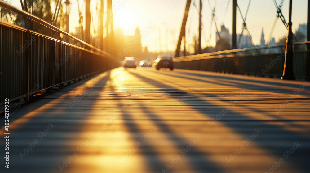 bridge at sunset with cars rushing by, casting long shadows on wooden surface. warm glow of sun creates serene yet dynamic atmosphere bridge at sunset with cars rushing by, casting long shadows on wooden surface. warm glow of sun creates serene yet dynamic atmosphere