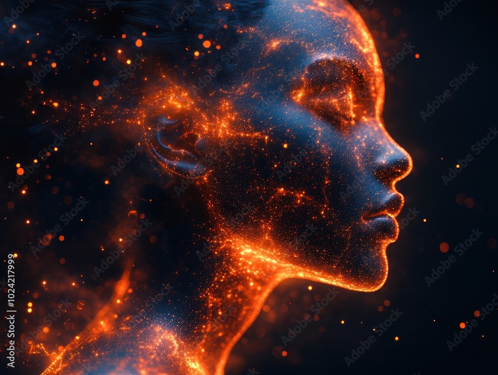 A glowing profile of a person with a cosmic, fiery texture and ethereal particles. A glowing profile of a person with a cosmic, fiery texture and ethereal particles.