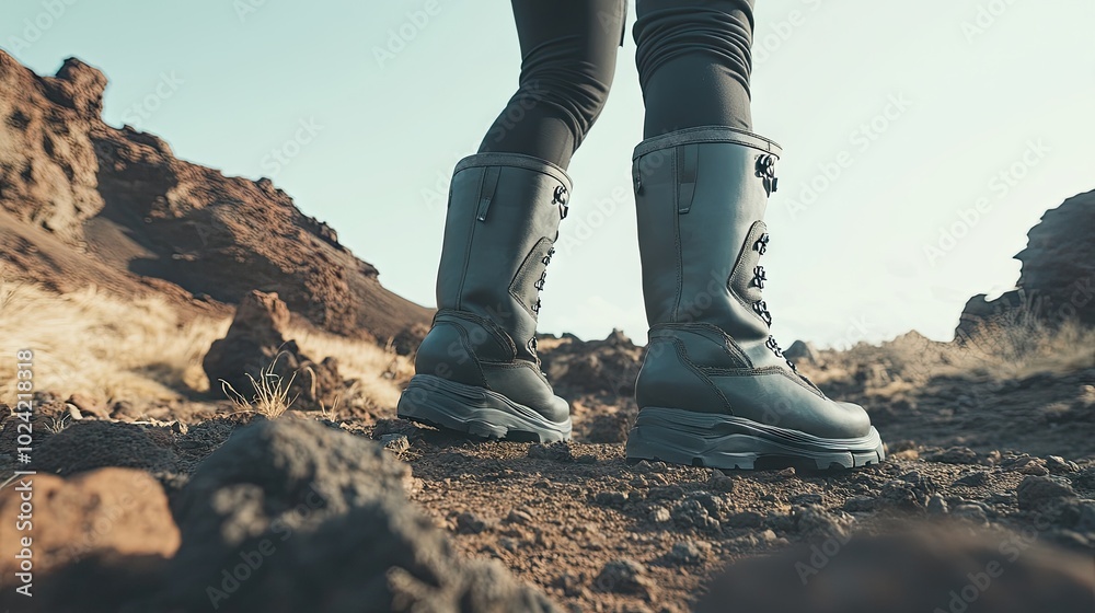 Stylish Hiking Boots in Mountain Landscape Stylish Hiking Boots in Mountain Landscape