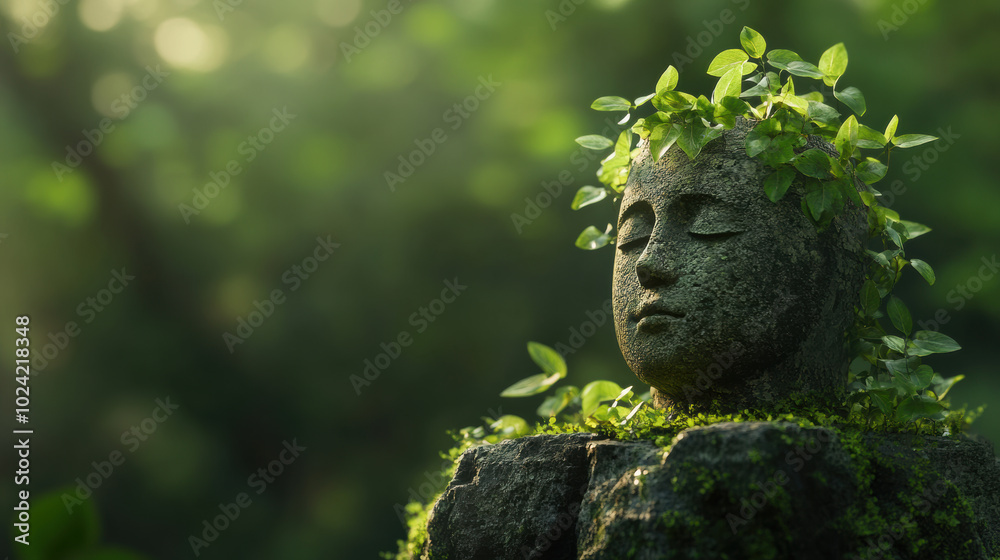 crumbling stone statue with plants growing over it, surrounded by lush greenery, evokes sense of tranquility and natures reclamation crumbling stone statue with plants growing over it, surrounded by lush greenery, evokes sense of tranquility and natures reclamation