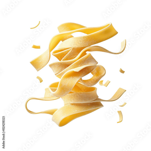 Flying fettuccine, isolated on a white background, creating a whimsical and dynamic effect. PNG
