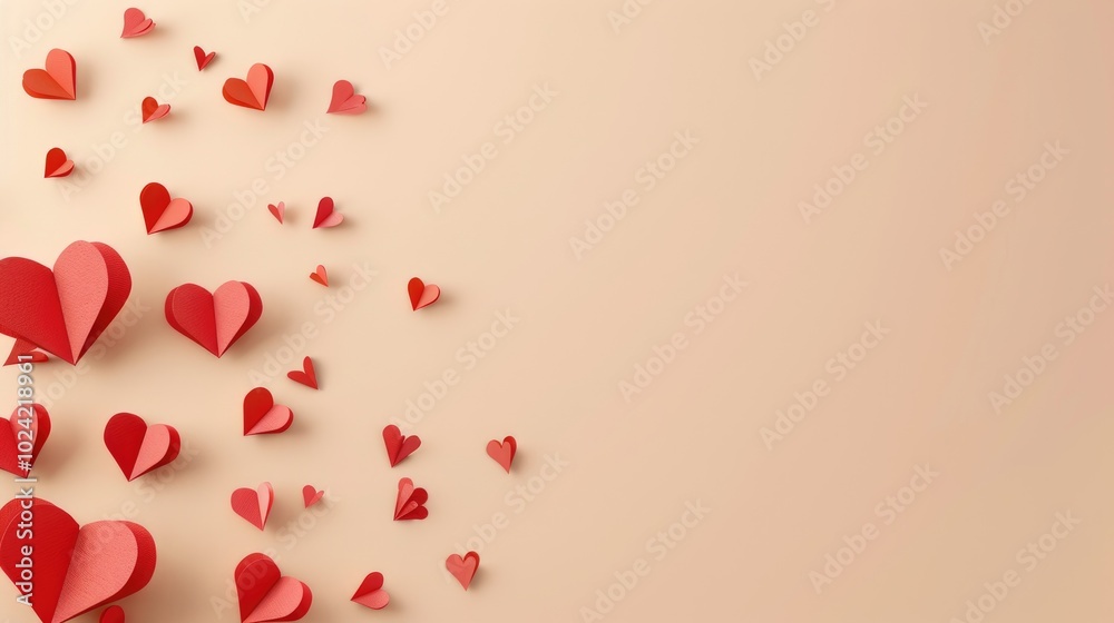 3D rendering red paper hearts on a white table top view, space for text. A love and romance concept in a flat lay style isolated on a pastel beige backdrop. 3D rendering red paper hearts on a white table top view, space for text. A love and romance concept in a flat lay style isolated on a pastel beige backdrop.