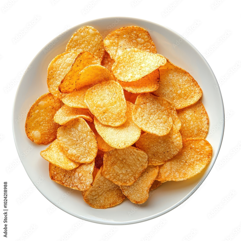 Crisps on a plate, isolated on a white background, elegantly arranged for an enticing snack presentation. PNG Crisps on a plate, isolated on a white background, elegantly arranged for an enticing snack presentation. PNG