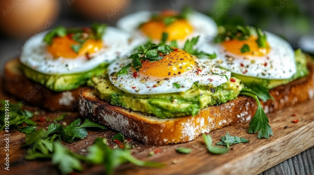 A vibrant breakfast of toasted whole grain bread topped with creamy avocado, perfectly fried eggs, and a sprinkle of fresh herbs rests on a wooden board, inviting a delightful morning meal A vibrant breakfast of toasted whole grain bread topped with creamy avocado, perfectly fried eggs, and a sprinkle of fresh herbs rests on a wooden board, inviting a delightful morning meal