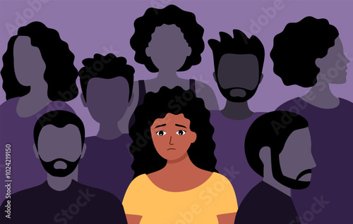 Sad black woman among the silhouettes of people. Loneliness in a crowd vector illustration in flat design.