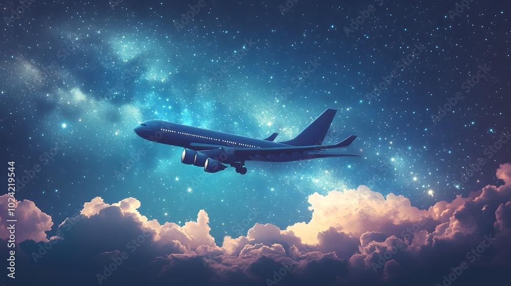 Airplane Flying Through a Starry Night Sky with Clouds Airplane Flying Through a Starry Night Sky with Clouds