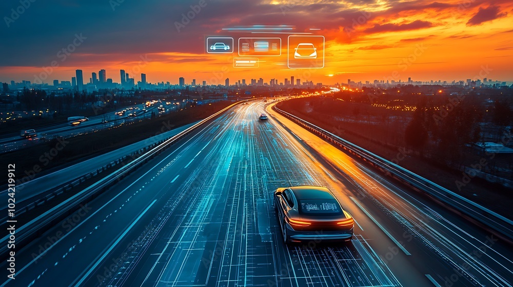 Futuristic self-driving car on a smart highway, digital icons floating above showing speed, AI technology, and lane guidance, sunset backdrop with vivid orange and purple tones, Futuristic self-driving car on a smart highway, digital icons floating above showing speed, AI technology, and lane guidance, sunset backdrop with vivid orange and purple tones,
