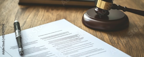 Legal document on wooden desk with pen and gavel, symbolizing law, justice, and decision-making in professional settings.